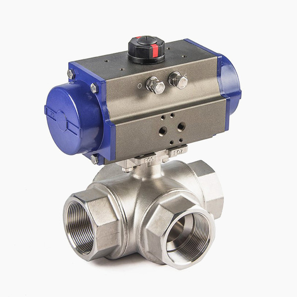 Pneumatic three-way ball valve with internal thread